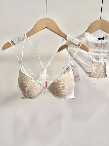 Minimal Romantic Coquette Lace Front Clasp Bra Set Wirefree Ultra Thin Straps Beauty Back Small Bust Create Curvy Lookr MOYISU