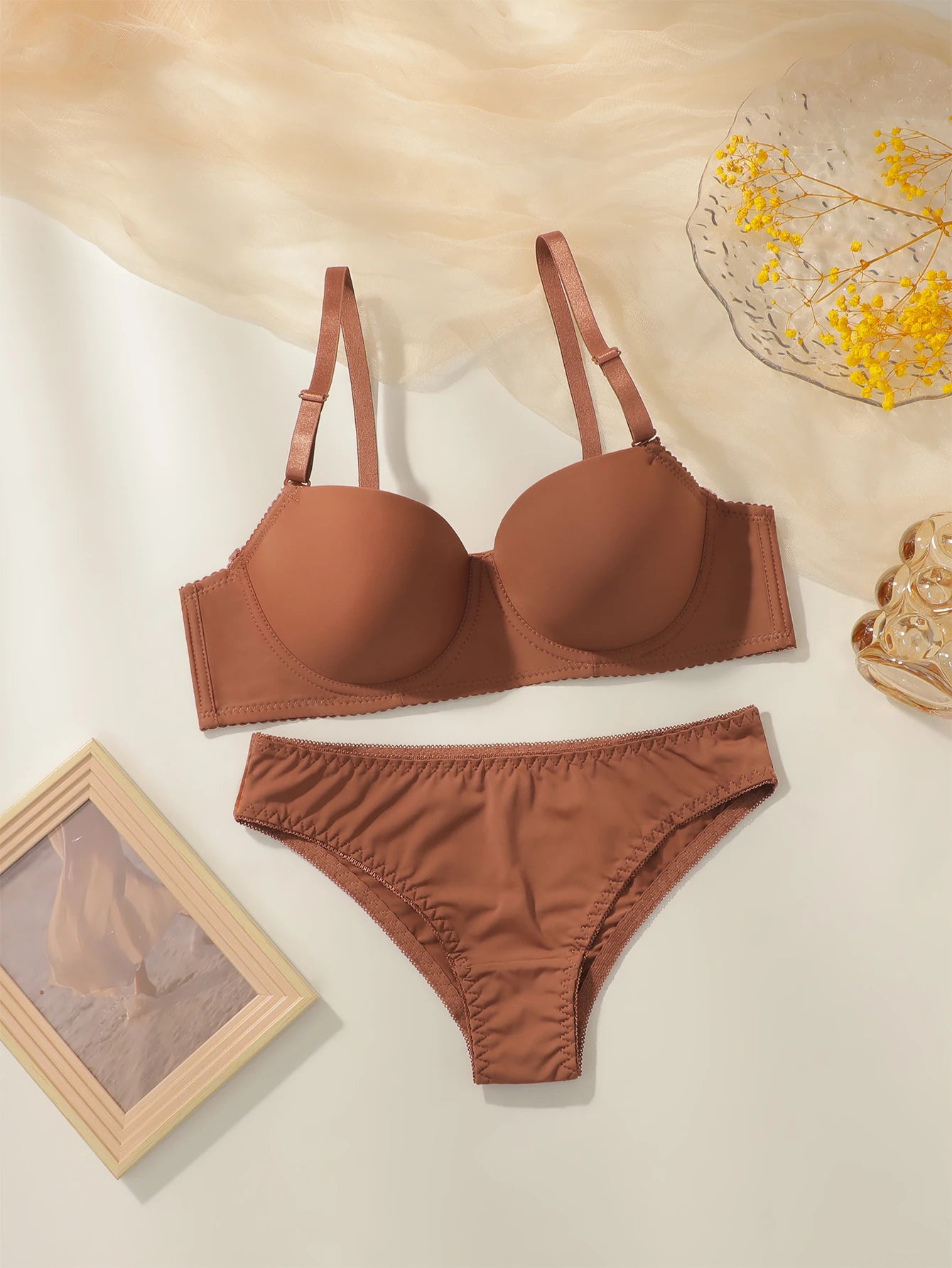 Women’s Pure Color Underwire Bra & Panty Set  Push Up T-Shirt Bra Full Cup with Side Support Everyday Comfort Lingerie Set J2611
