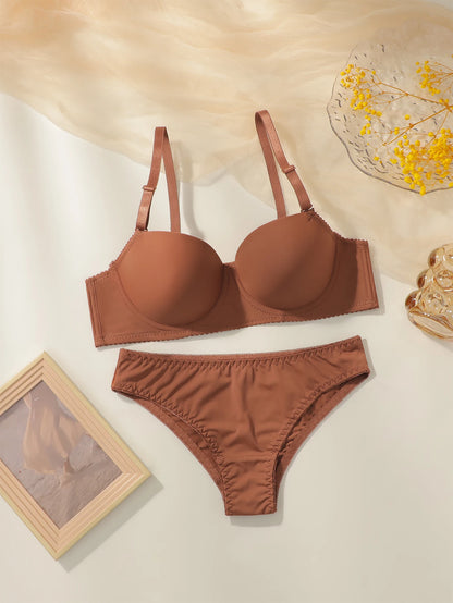 Women’s Pure Color Underwire Bra & Panty Set  Push Up T-Shirt Bra Full Cup with Side Support Everyday Comfort Lingerie Set J2611
