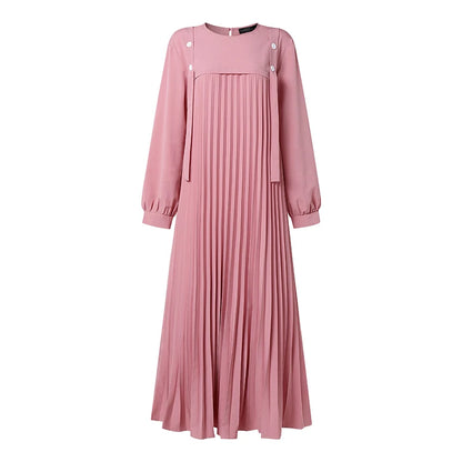 ZANZEA Muslim Women Patchwork Maxi Dress Ramadan Abaya Elegant O Neck Long Sleeve Pleated Sundress Robe Femme Casual Kaftan 2026