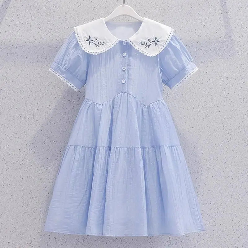 Cute Blue Girls Princess Party Dresses Fashion Summer Kids Birthday Gift Children's Beach Dress Vestido Teen 8 10 12 14 Year