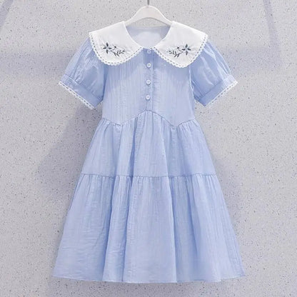 Cute Blue Girls Princess Party Dresses Fashion Summer Kids Birthday Gift Children's Beach Dress Vestido Teen 8 10 12 14 Year