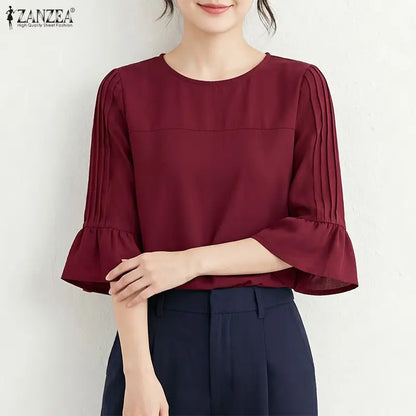 ZANZEA 2026 Woman Casual Effortless Blouses O-Neck Pintuck Detailed 3/4 Flared Sleeve Solid Color Tops Autumn Daily Blusas Mujer