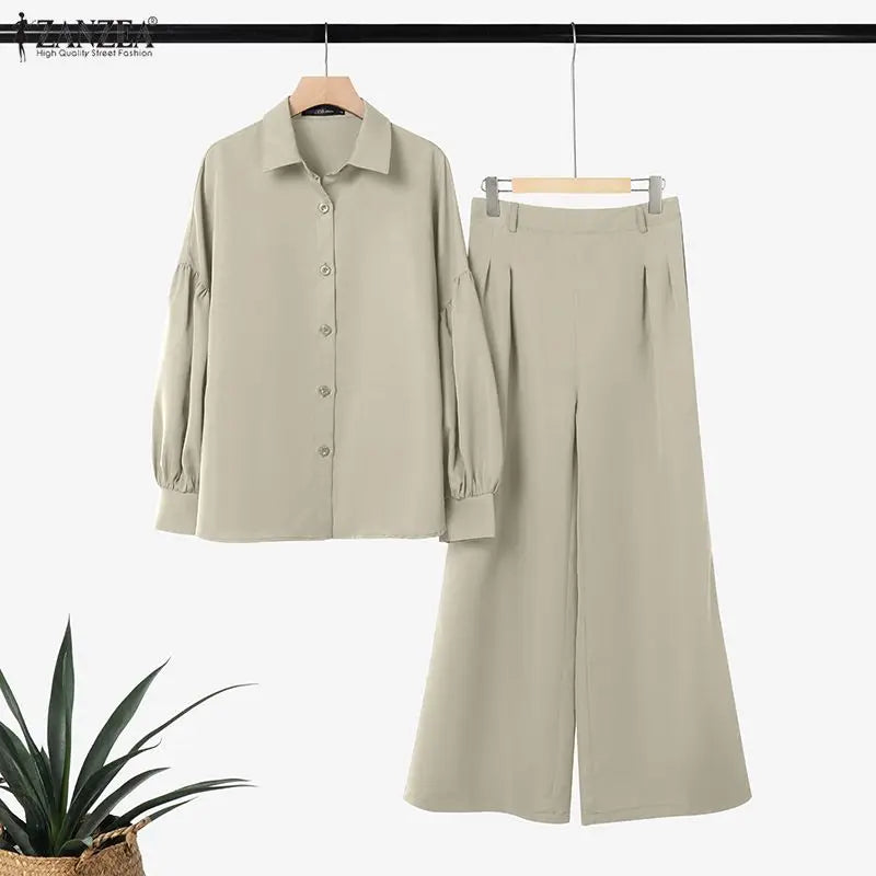 ZANZEA Women's Elegant Chic Pant Suits Lantern Sleeve Shirt & Wide Leg Pant 2 Pieces Sets Oversized Pant Sets Outfits Streetwear