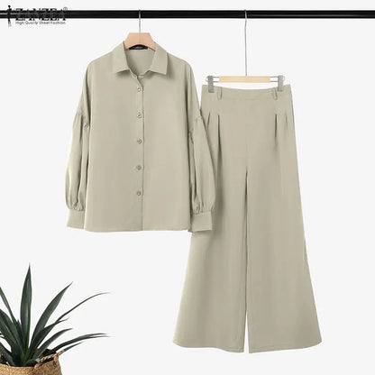 ZANZEA Women's Elegant Chic Pant Suits Lantern Sleeve Shirt & Wide Leg Pant 2 Pieces Sets Oversized Pant Sets Outfits Streetwear