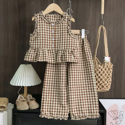 Pink Girl's Summer Two-piece Set with Single Breasted Sleeveless Top and Casual Pants, New Children's Sets Kids Clothes