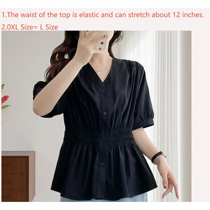200 Pounds Plus Size Elastic Waist Summer Shirt And Blouse  Solid Top Women's New In Clothes Simple V-neck French