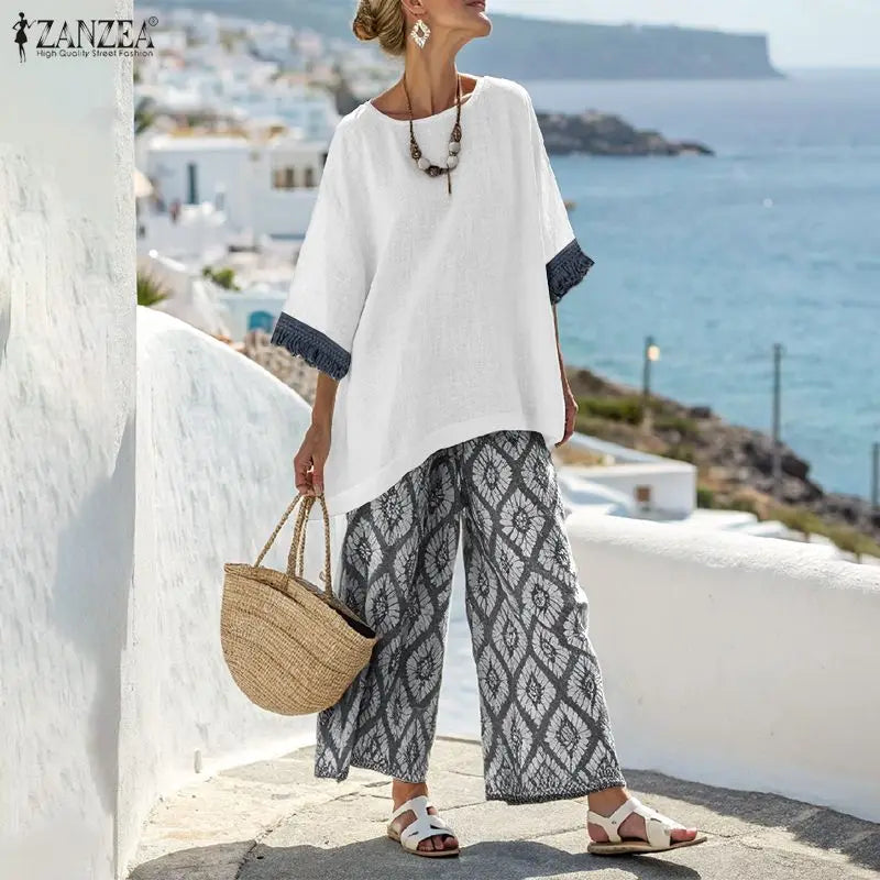 ZANZEA Spring 2 Pieces Sets Bohemain Tracksuit 2026 Women Stylish Printed Pant Sets 3/4 Sleeve Blouse Trousers Holiday Outfits
