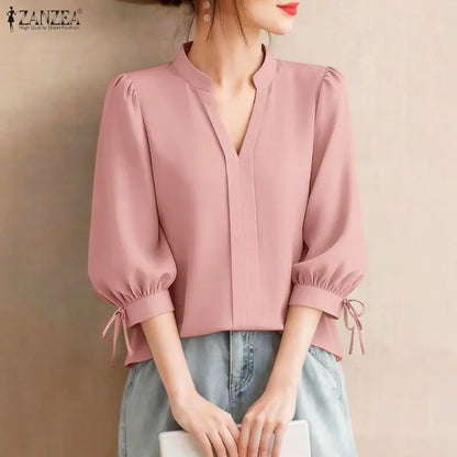 ZANZEA Summer Women's Elegant Blouses V-Neck 3/4 Puff Sleeves Lace Up Solid Color Pullover Tops Casual Loose Blusas de Mujer