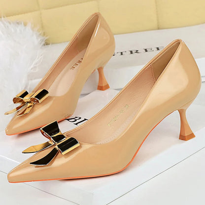BIGTREE Shoes Metal Bowknot Women Pumps Patent Leather Kitten High Heels 5.5 Cm Comfortable Low Heeled Shoes Large Size 43
