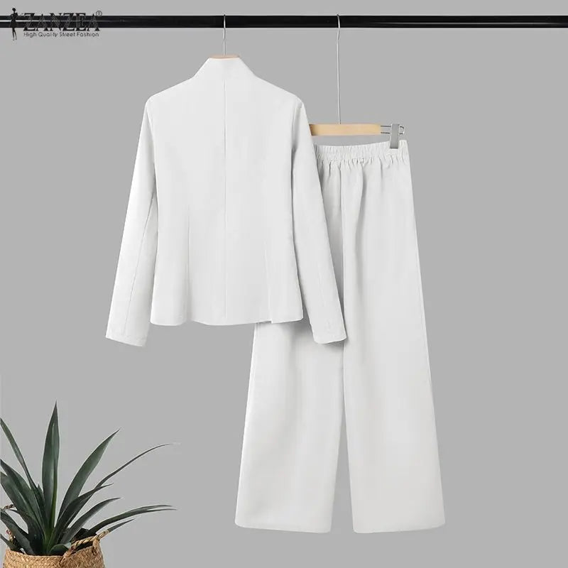 ZANZEA Women's Elegant Pant Suits Vintage Stand Collar Long Sleeve Top & Casual Pant 2 Pieces Sets Commuting Work Wear Outfits