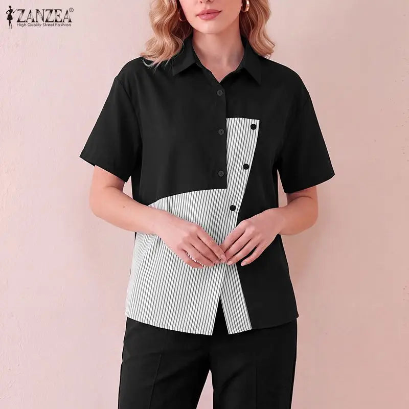 Women Shirt ZANZEA Fashion Patchwork Summer Short Sleeve Tops Striped Tee Oversize Blusas Turn-down Collar Tunic Streetwear
