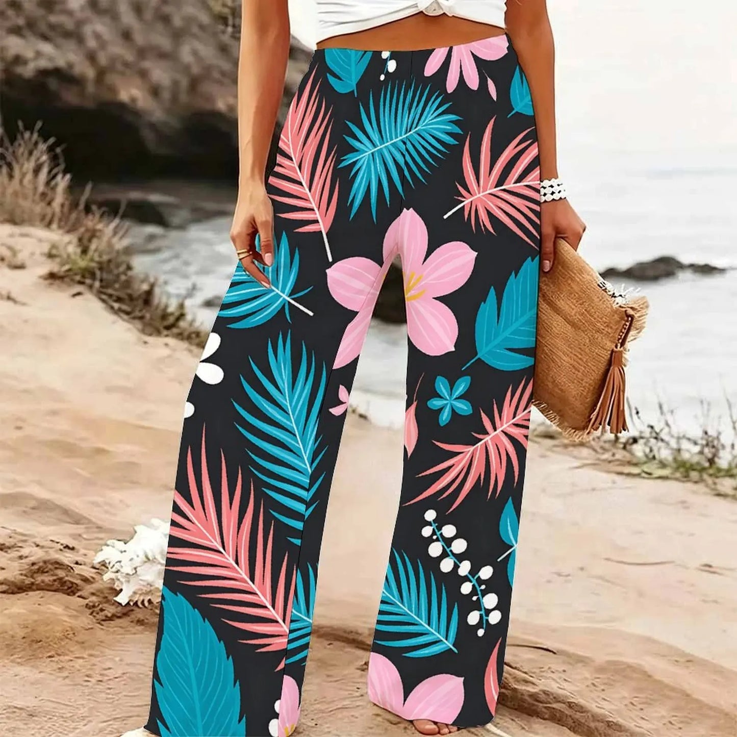 Women's Summer Beach Wide Leg Trousers Floral Print Elastic High Waist Loose Fit Casual Vacation Palazzo Pants