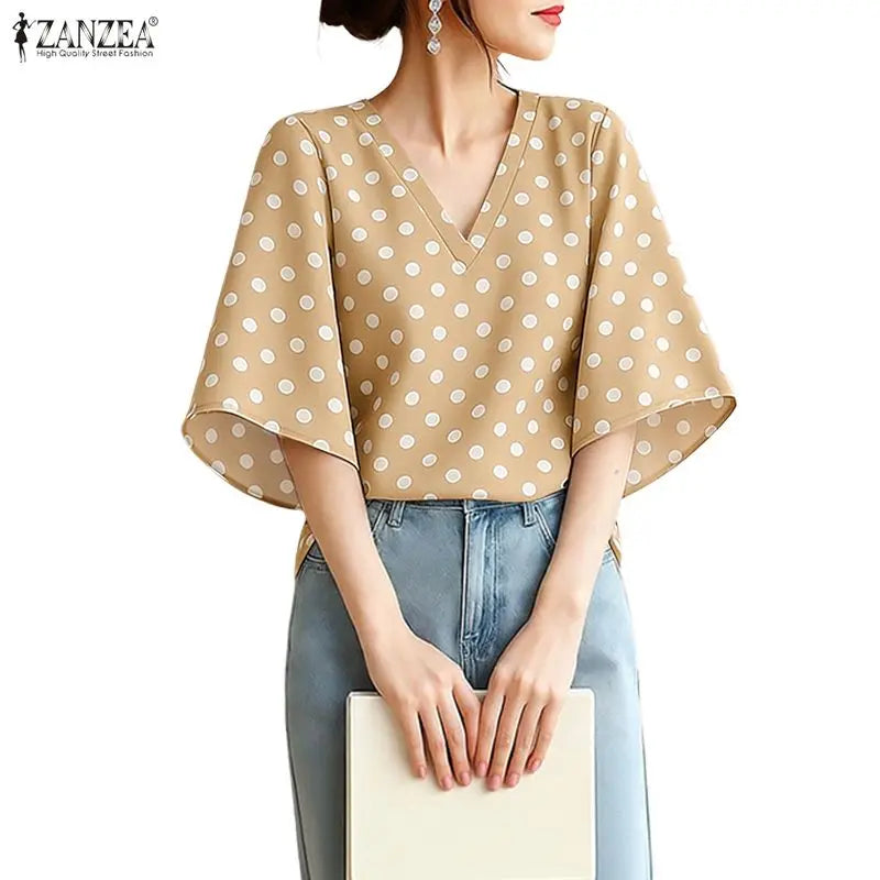 ZANZEA Woman Elegant Half Bell Sleeves Blouses Vintage Polka Dot V-Neck Loose Tops 2026 Summer Vacation Casual Blusas de Mujer