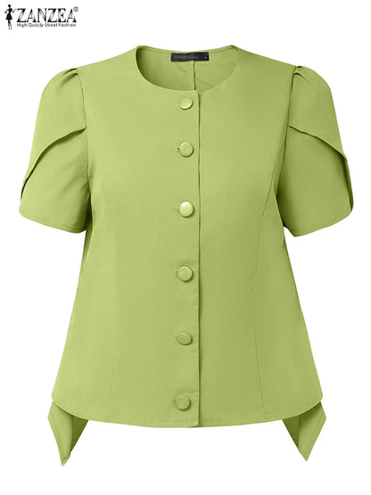 ZANZEA Women Fashon Asymmetrical Hem Shirts 2025 Summer O-Neck Button Up Fitted Waist Chemises Femme Office Streetwear Tops