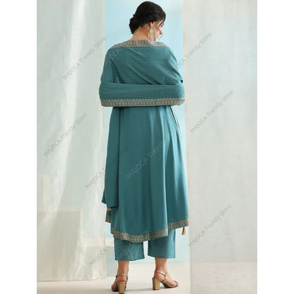 Peacock Blue Indian Women 3 Piece Set Embroidered Anarkali Kurta Pant with Dupatta Rayon Ethnic Pakistani Suit Party Wear