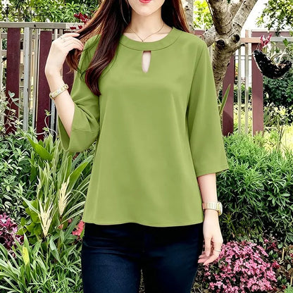ZANZEA Woman Minimalist Loose Blouses Cutout O-Neck 3/4 Sleeve Solid Color Tunic Tops 2026 Autumn Casual Daily Wear Blusas Mujer