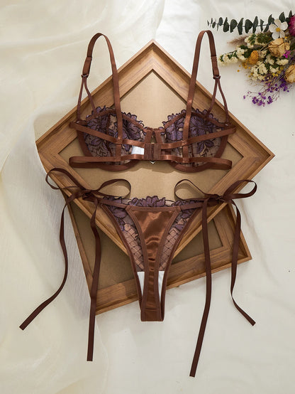 Purple Floral Embroidery Fishnet Lingerie Set Women Sheer Underwire Bra Side Tie Thong Sexy Ladies Underwear ZA825200