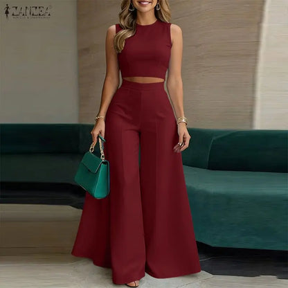 ZANZEA Elegant Women's Loose Pant Suits Wide Leg Pant & Sleeveless Crop Top 2 Pieces Sets Summer Fashion Solid Color Outfits