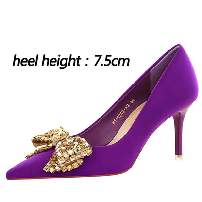 BIGTREE Shoes Luxury High Heels Women Pumps Rhinestone Bowknot Banquet Shoes Women Heels Stiletto Sexy Party Shoes Plus Size 43