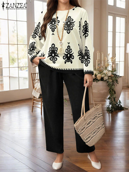 Plus Size Sets ZANZEA 2026 Autumn Women Elegant Pants Sets Vintage Printed Long Sleeve Tops Long Pants Office Lady Suits Casual