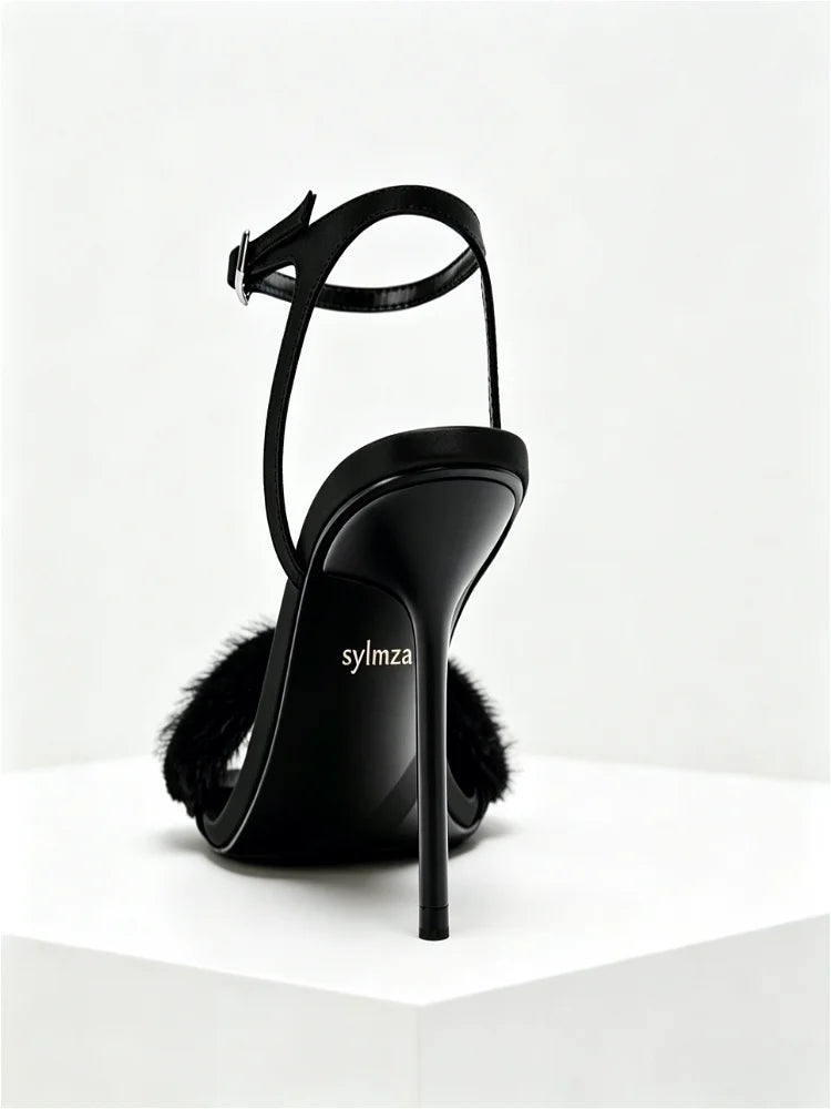 Sexy Open Toe Faux Fur High Heel Sandals Women Elegant Ankle Strap Buckle Stiletto Heels for Ladies Fashion Party Wedding Shoes