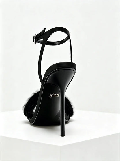 Sexy Open Toe Faux Fur High Heel Sandals Women Elegant Ankle Strap Buckle Stiletto Heels for Ladies Fashion Party Wedding Shoes