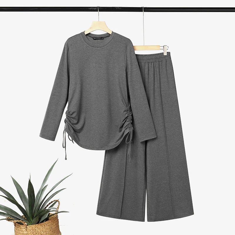 ZANZEA Autumn Long Sleeve Side Tie Knit Tops With Wide Leg Pants Women Muslim 2 Piece Sets Modest Casual Solid Islamic Outfits
