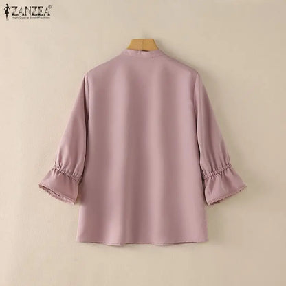 ZANZEA Women Elegant Lace Paneled Blouses Lace-Up V-Neck 3/4 Sleeves Tops Summer Daily Casual Solid Color Blusas de Mujer