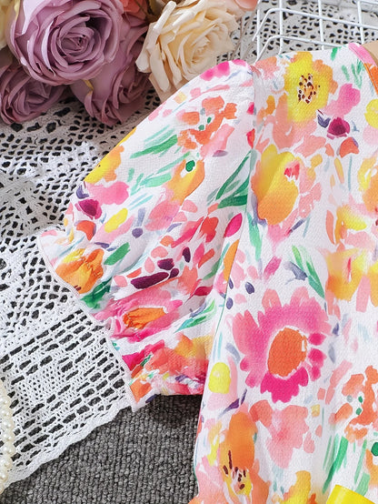 Summer Casual Floral Pattern Lantern Sleeve Dress for Girls with Belt Fashionable Comfortable All-Match for Leisure Outings