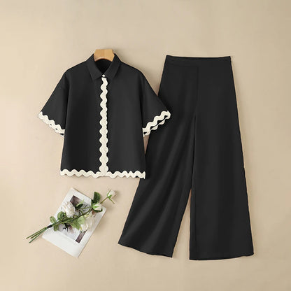 Stylish Women 2 Pieces Sets ZANZEA Summer Lapel Neck Short Sleeve Blouse Trousers Suit Contrast Color Wave Cut Office OL Outfits