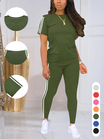Women's Side-Striped Summer Sportswear Set Short Sleeve Long Pants Breathable Base Layer Clothing Colorful Casual Outfit