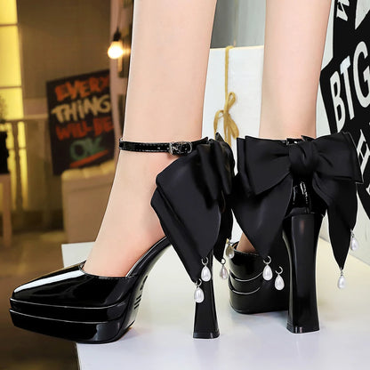 BIGTREE Shoes Platform Pumps Women Shoes Chunky Heel Pointed High Heels 11.5 cm Patent Leather Ladies Shoes Bowknot Party Shoes