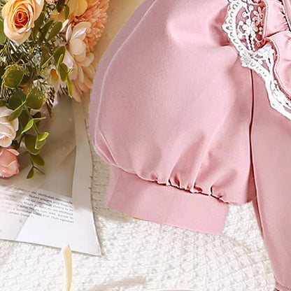 Sweet Elegant Pink Long Skirt Dress for 8-12 Year Old Girls Summer Square Collar Bubble Sleeve Lace Princess Party Gown