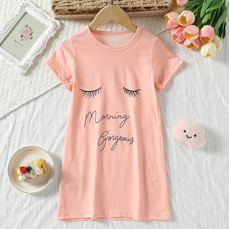Girl's summer cute printed fashionable dress, comfortable round neck knee length skirt, cartoon casual home skirt, nightgown