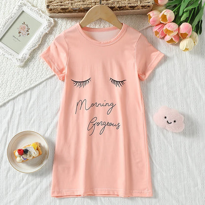 Girl's summer cute printed fashionable dress, comfortable round neck knee length skirt, cartoon casual home skirt, nightgown