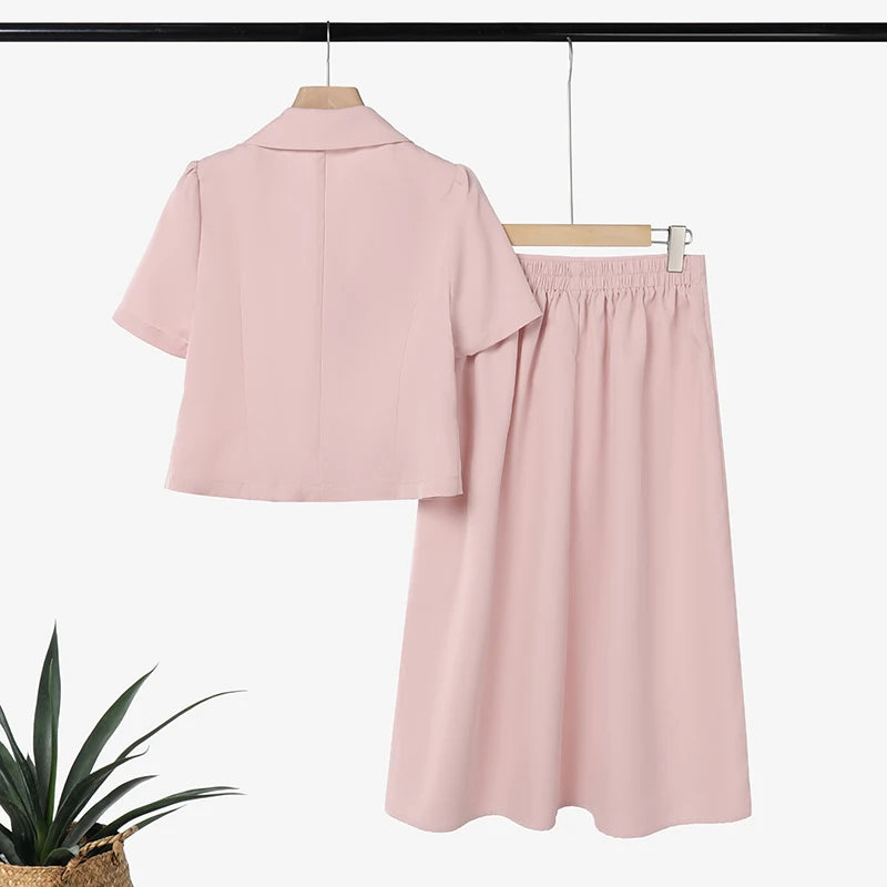 2026 ZANZEA Summer Office OL Outfits Elegant Women Dress Sets Lapel Neck Short Sleeve Shirt Pleated Midi Skirt Suit 2 Piece Sets