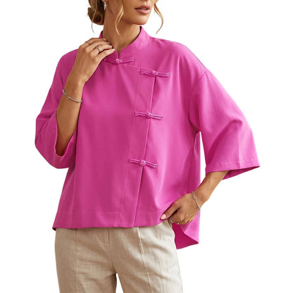 ZANZEA Plus Size 5XL Woman Vintage Shirts Mandarin Collar Frog Buttons High-Low Blouse Chinese Style Casual Solid Daily Wear Top