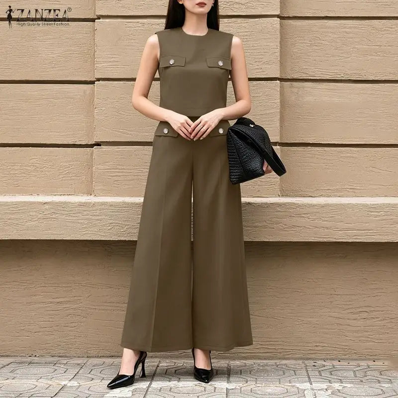 ZANZEA Women's Summer Elegant Pant Suits Sleeveless Cropped Tops & Wide Leg Pants 2 Pieces Sets Office Commute Pant Sets Outfits