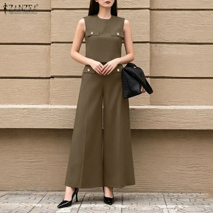 ZANZEA Women's Summer Elegant Pant Suits Sleeveless Cropped Tops & Wide Leg Pants 2 Pieces Sets Office Commute Pant Sets Outfits