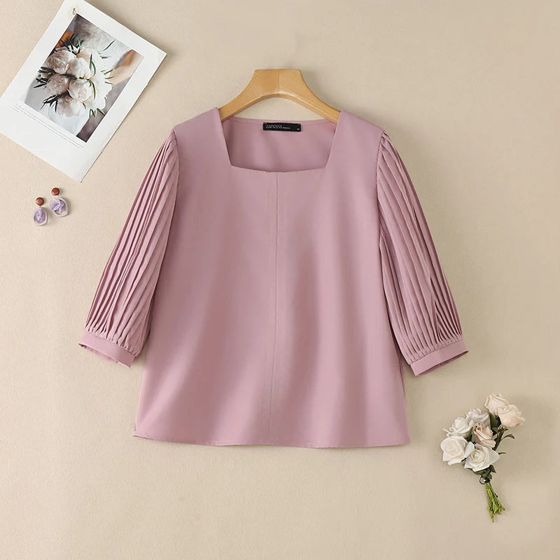 ZANZEA Women Blouses Casual Square Neck Pleated 3/4 Puff Sleeve Solid Color Tops 2026 Summer Everyday Wear Commute Blusas Mujer