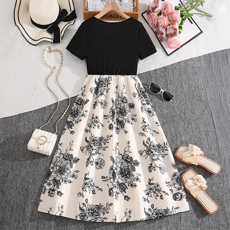 Girls 8-12 Black & White Floral Dress, Front Crew Neck Short Sleeve Belted Skirt/Back Plain Top & Skirt, Casual Daily Kids Dress