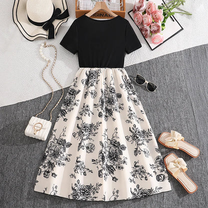 Girls 8-12 Black & White Floral Dress, Front Crew Neck Short Sleeve Belted Skirt/Back Plain Top & Skirt, Casual Daily Kids Dress
