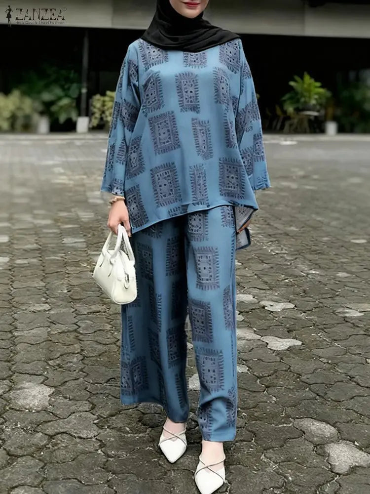 ZANZEA 2025 Autumn Printed Tracksuit Vintage Women Matching Sets Casual O Neck Long Sleeve Tops Wide Leg Pant Sets Loose Outfits