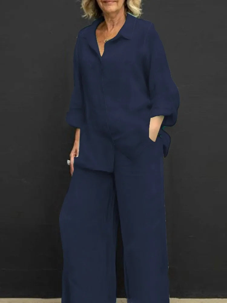 Spring and Summer Suit Women's Lapel Long-sleeved Loose Shirt High Waist Wide-leg Pants Casual Two-piece Set