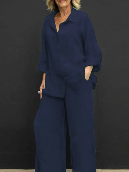 Spring and Summer Suit Women's Lapel Long-sleeved Loose Shirt High Waist Wide-leg Pants Casual Two-piece Set