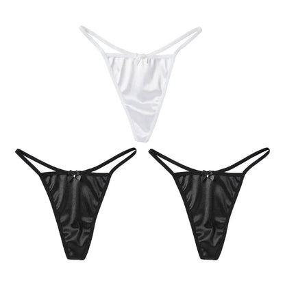 1/3Pcs Women Satin Thong Underwear Sexy Low Waist Bow G-string Cotton Crotch T-back Panties M-2XL
