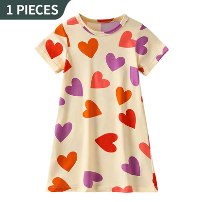 Girl's summer cute printed fashionable dress, comfortable round neck knee length skirt, cartoon casual home skirt, nightgown