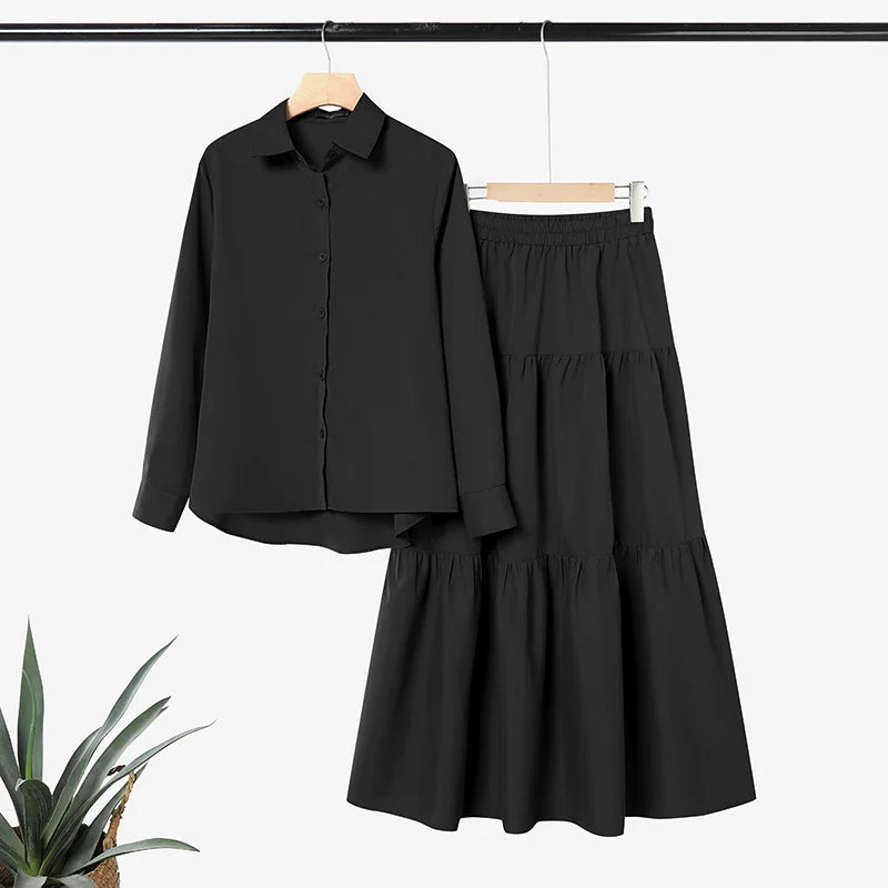 ZANZEA Modest Hijabis Womens Skirt Suits Long Sleeve Shirt & Tiered Long Skirt 2 Pieces Sets Muslim Islamic Daily Casual Outfits