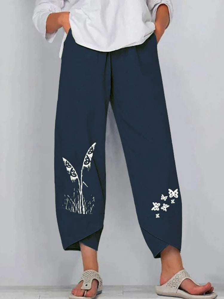 Vintage Cotton and Linen Loose Harem Pants Casual High Waist Wide Leg Trousers Women Harajuku Printed Baggy Pants Oversized